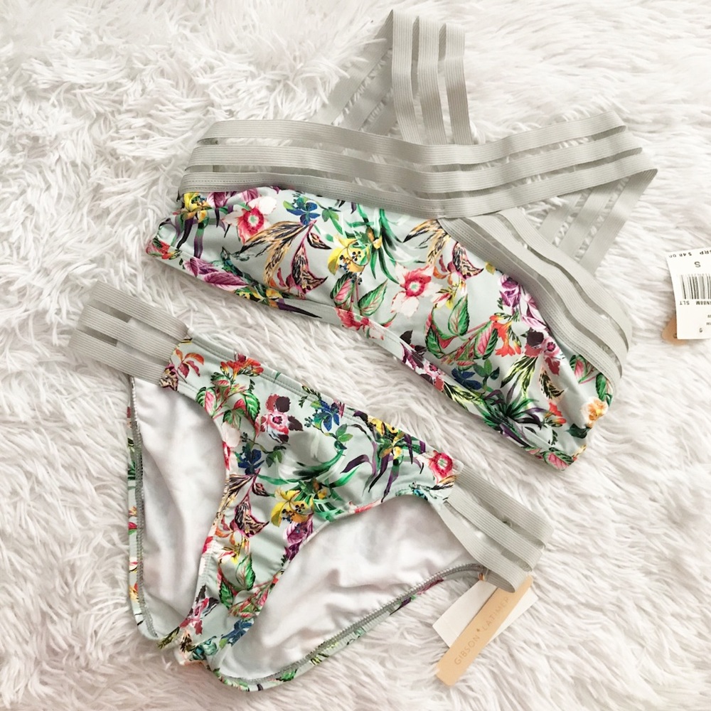 Gibson Latimer Floral Gray Criss-Cross Bikini NWT - Picture 1 of 6